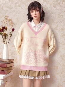 Disco Cowboy Kawaii Mô hình Cartoon Tương phản ràng buộc Thả vai Áo len - Màu be - Xem 1