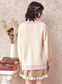 Disco Cowboy Kawaii Mô hình Cartoon Tương phản ràng buộc Thả vai Áo len - Màu be - Xem 2