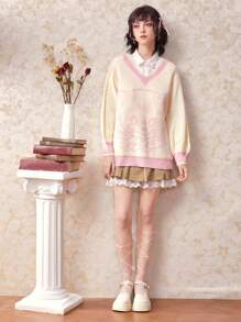 Disco Cowboy Kawaii Mô hình Cartoon Tương phản ràng buộc Thả vai Áo len - Màu be - Xem 3