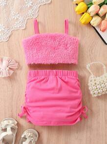 SHEIN Bebé niña de peluche Top de tirantes & fruncido con cordón lateral Falda - Rosa Fucsia - Ver 1