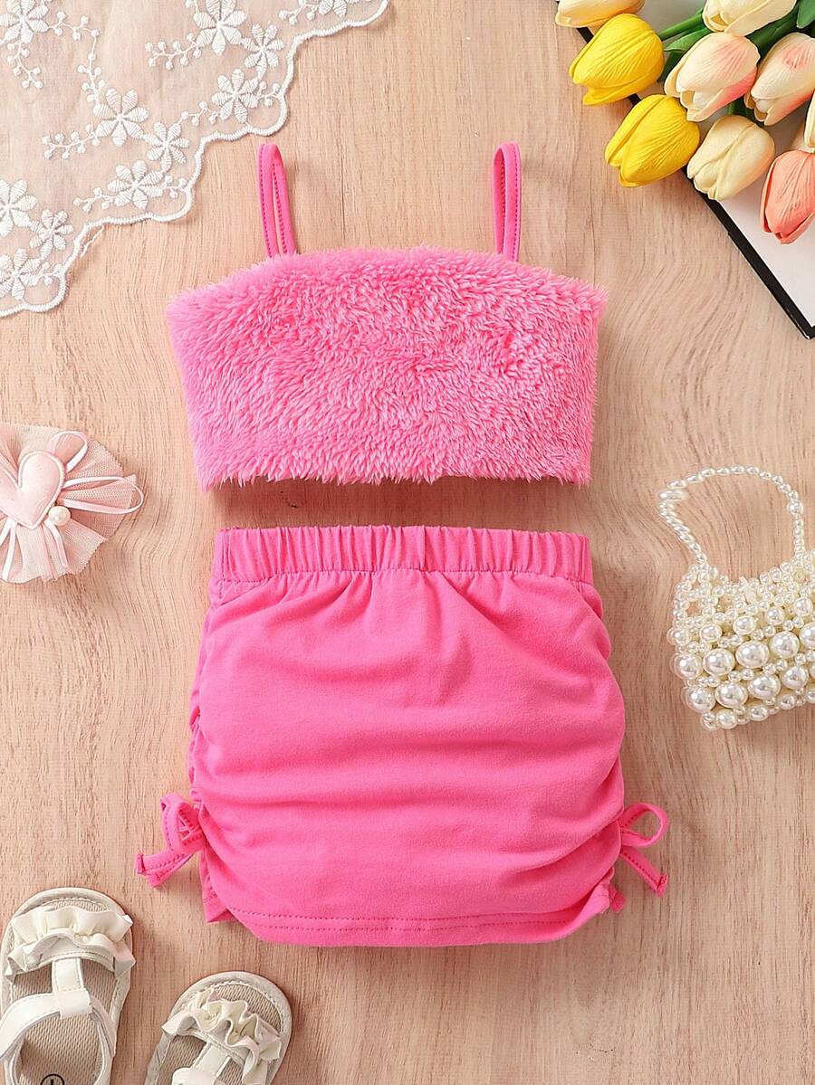 SHEIN Bebé niña de peluche Top de tirantes & fruncido con cordón lateral Falda - Rosa Fucsia - Ver 1