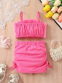 SHEIN Bebé niña de peluche Top de tirantes & fruncido con cordón lateral Falda - Rosa Fucsia - Ver 2
