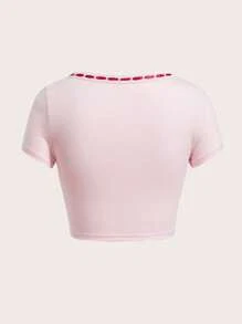 SFCHICKY Strawberry Print Bow Decor Crop Tee - Pink - View 2