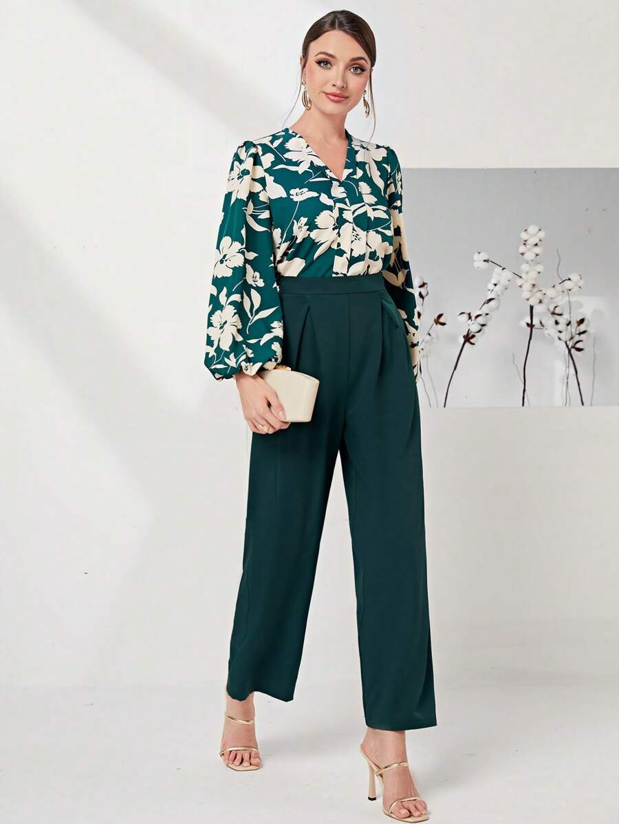 Modelyn 花卉印花燈籠袖襯衫 - 墨綠色 - 查看 1