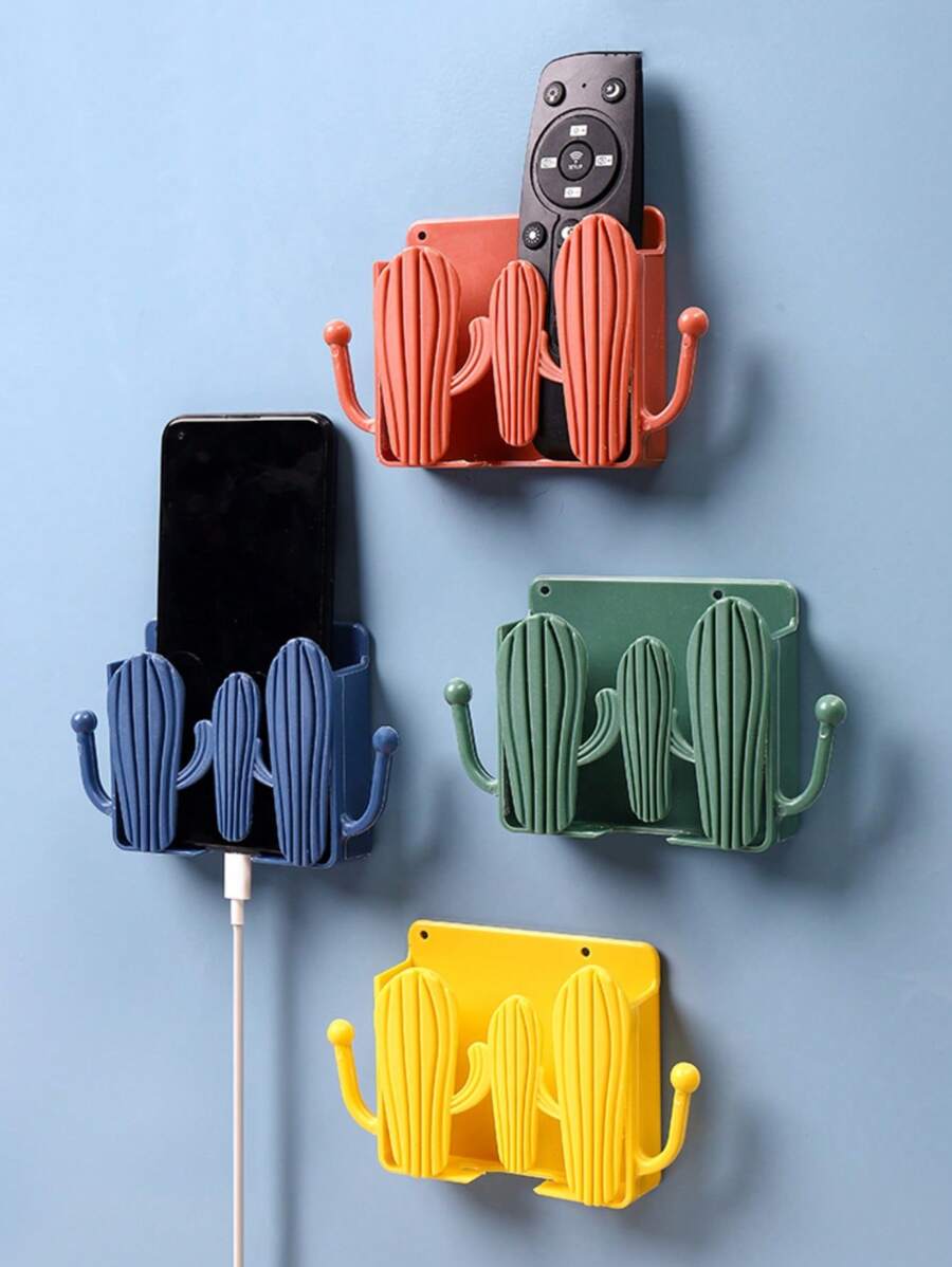 1pc Random Cactus-shaped Wall-mounted Phone Holder, Remote Control Box, Adhesive Bathroom Shelf, Wall Hook For Storage - Multicolor - View 1