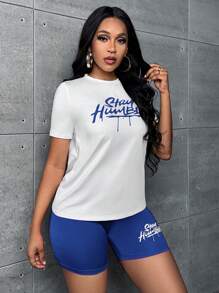 Slaydiva Letter Graphic Tee & Biker Shorts - Blue and White - View 4