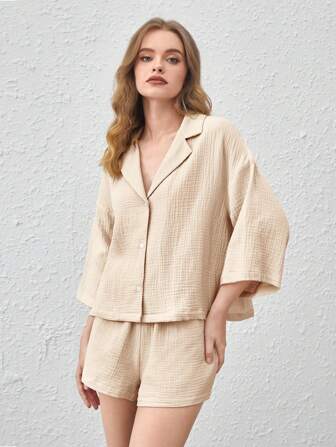 舒適透氣的輕質褶皺棉紗長袖休閒上衣 - 卡其色