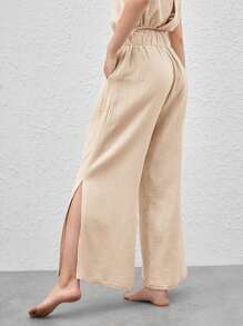 Ocili 加大號柔軟透氣輕盈絨布拆分式高腰休閒長褲-卡其色