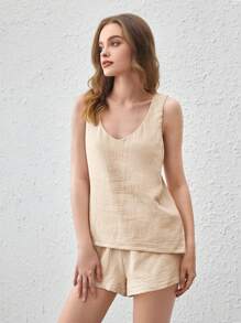 Ocili Leisure Comfy & Breathable Lightweight Crinkle Cotton Gauze V-Neck Cami Lounge Top - Khaki - Khaki - View 4