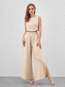 Ocili 加大號柔軟透氣輕盈絨布拆分式高腰休閒長褲-卡其色