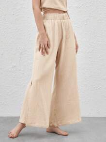 Ocili 加大號柔軟透氣輕盈絨布拆分式高腰休閒長褲-卡其色