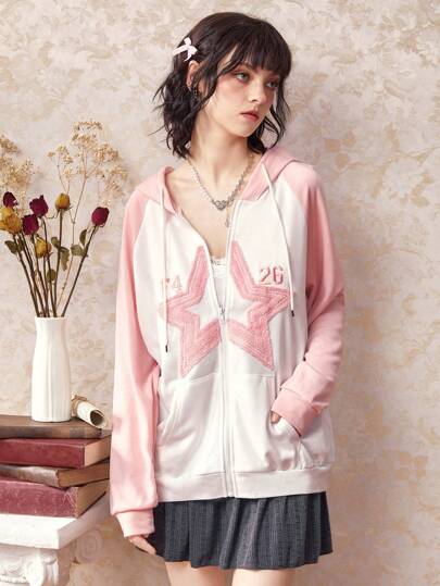 Kawaii Star Patched Raglan Sleeve Drawstring Hoodie