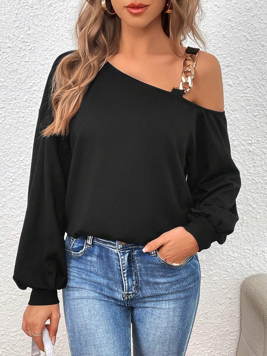 SHEIN Privé Chain Detail Asymmetrical Neck Lantern Sleeve Sweatshirt - Black - View 1