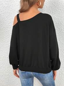SHEIN Privé Chain Detail Asymmetrical Neck Lantern Sleeve Sweatshirt - Black - View 2