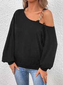 SHEIN Privé Chain Detail Asymmetrical Neck Lantern Sleeve Sweatshirt - Black - View 3