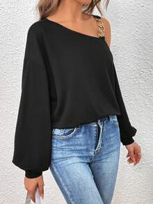 SHEIN Privé Chain Detail Asymmetrical Neck Lantern Sleeve Sweatshirt - Black - View 5