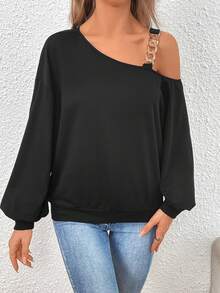 SHEIN Privé Chain Detail Asymmetrical Neck Lantern Sleeve Sweatshirt - Black - View 6