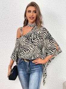 SHEIN Privé Zebra Striped Asymmetrical Neck Batwing Sleeve Blouse - Multicolor - View 3