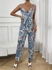 SHEIN VCAY Allover Print Belted Cami Jumpsuit - Multicolor - View 3