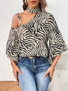 SHEIN Privé Zebra Striped Asymmetrical Neck Batwing Sleeve Blouse - Multicolor - View 5