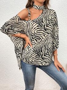 SHEIN Privé Zebra Striped Asymmetrical Neck Batwing Sleeve Blouse - Multicolor - View 6