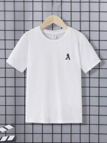 SHEIN Áo thun ngắn tay in chữ Tween Boy mùa hè tối giản thông thường - trắng - Xem 1