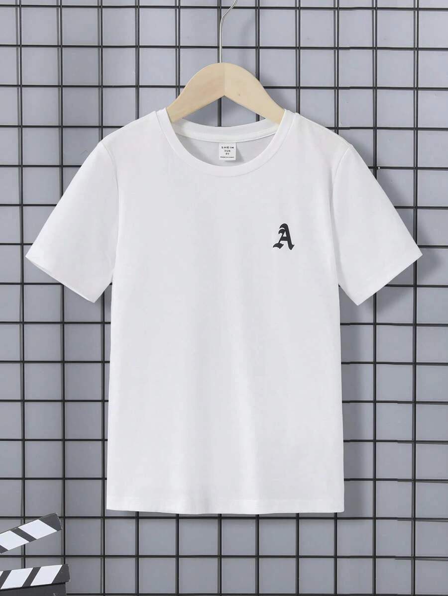SHEIN Áo thun ngắn tay in chữ Tween Boy mùa hè tối giản thông thường - trắng - Xem 1