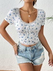 SHEIN VCAY Ditsy Floral Print Lace Trim Knot Front Tee - Multicolor - View 5