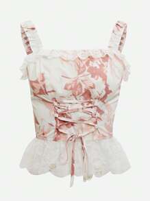 SHEIN Unity In hoa Lace lên phía trước Trang trí ren Xù Hoa Sen Dây đeo rộng Áo - Nhiều màu - Xem 1