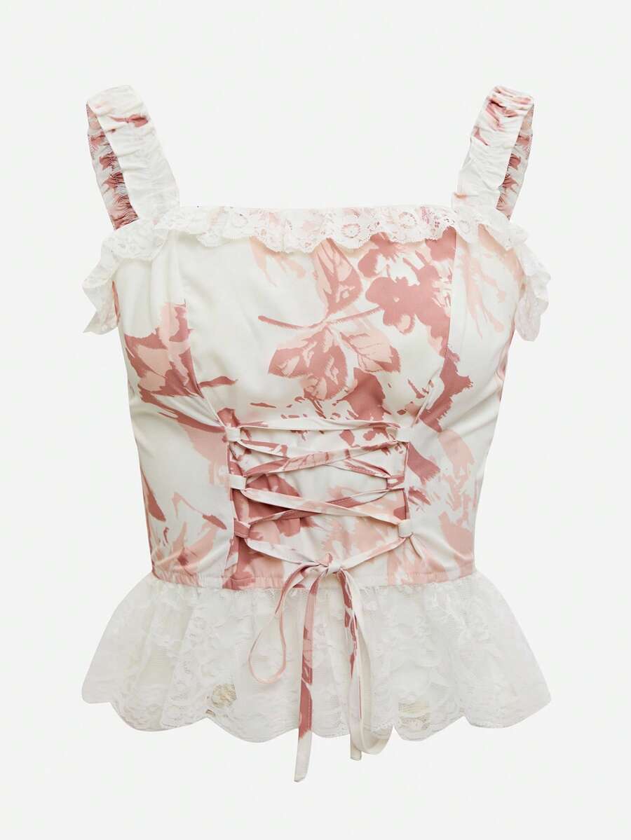 SHEIN Unity In hoa Lace lên phía trước Trang trí ren Xù Hoa Sen Dây đeo rộng Áo - Nhiều màu - Xem 1