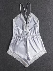 Lace Trim Lace Up Front Satin Cami Romper - Light Grey - View 2