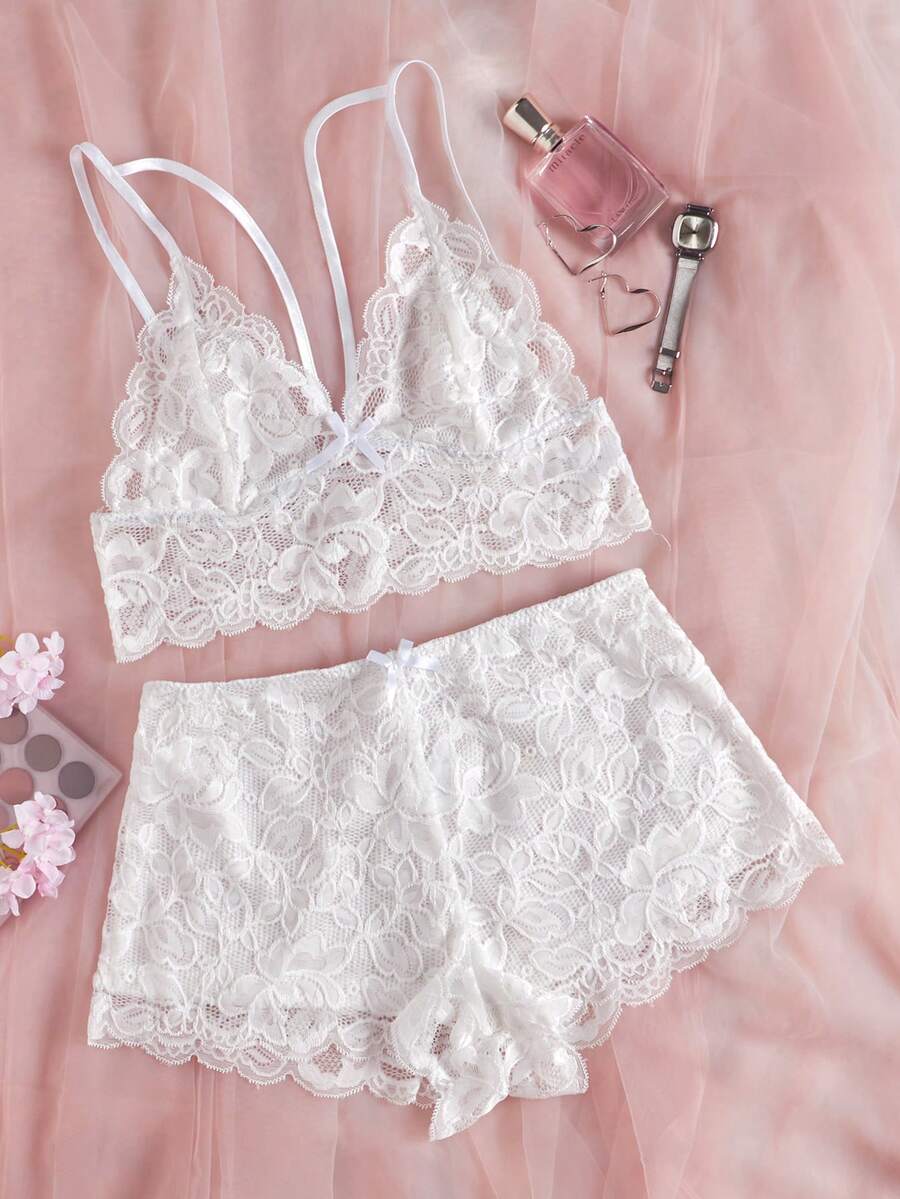 Conjunto de pijama con encaje floral ribete en abanico - Blanco - Ver 1