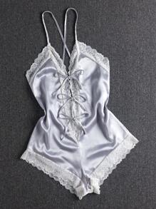 Lace Trim Lace Up Front Satin Cami Romper - Light Grey - View 4