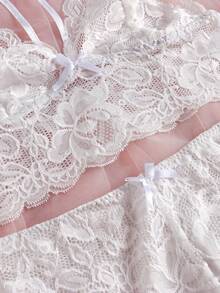 Conjunto de pijama con encaje floral ribete en abanico - Blanco - Ver 3