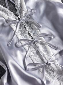 Lace Trim Lace Up Front Satin Cami Romper - Light Grey - View 5