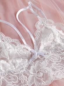 Conjunto de pijama con encaje floral ribete en abanico - Blanco - Ver 4