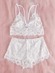 Conjunto de pijama con encaje floral ribete en abanico - Blanco - Ver 5