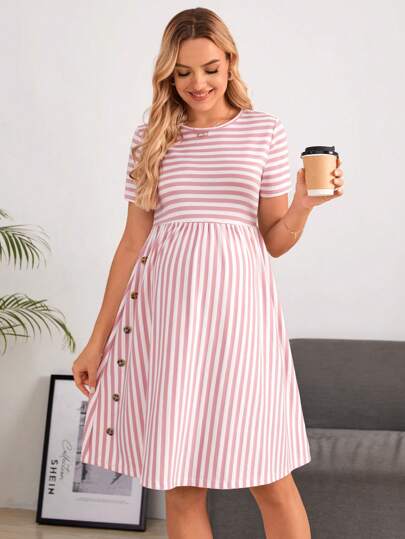 SHEIN Maternity Striped Print Button Detail Dress