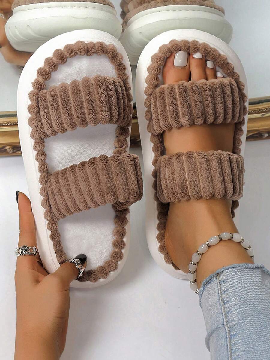 Fluffy Slippers, Women Comfy Furry Dual-Strap House Slippers, Women Fluffy Open Toe Thick-Sole Platform Slippers, Soft Solid Color Non-Slip Shoes, Soft Warm Anti-Slip Indoor Slippers
