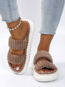 Fluffy Slippers, Women Comfy Furry Dual-Strap House Slippers, Women Fluffy Open Toe Thick-Sole Platform Slippers, Soft Solid Color Non-Slip Shoes, Soft Warm Anti-Slip Indoor Slippers