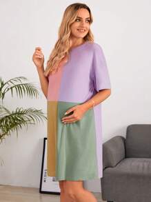 SHEIN 孕婦撞色落肩T恤連衣裙 - 彩色 - 查看 3