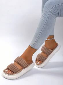 Fluffy Slippers, Women Comfy Furry Dual-Strap House Slippers, Women Fluffy Open Toe Thick-Sole Platform Slippers, Soft Solid Color Non-Slip Shoes, Soft Warm Anti-Slip Indoor Slippers