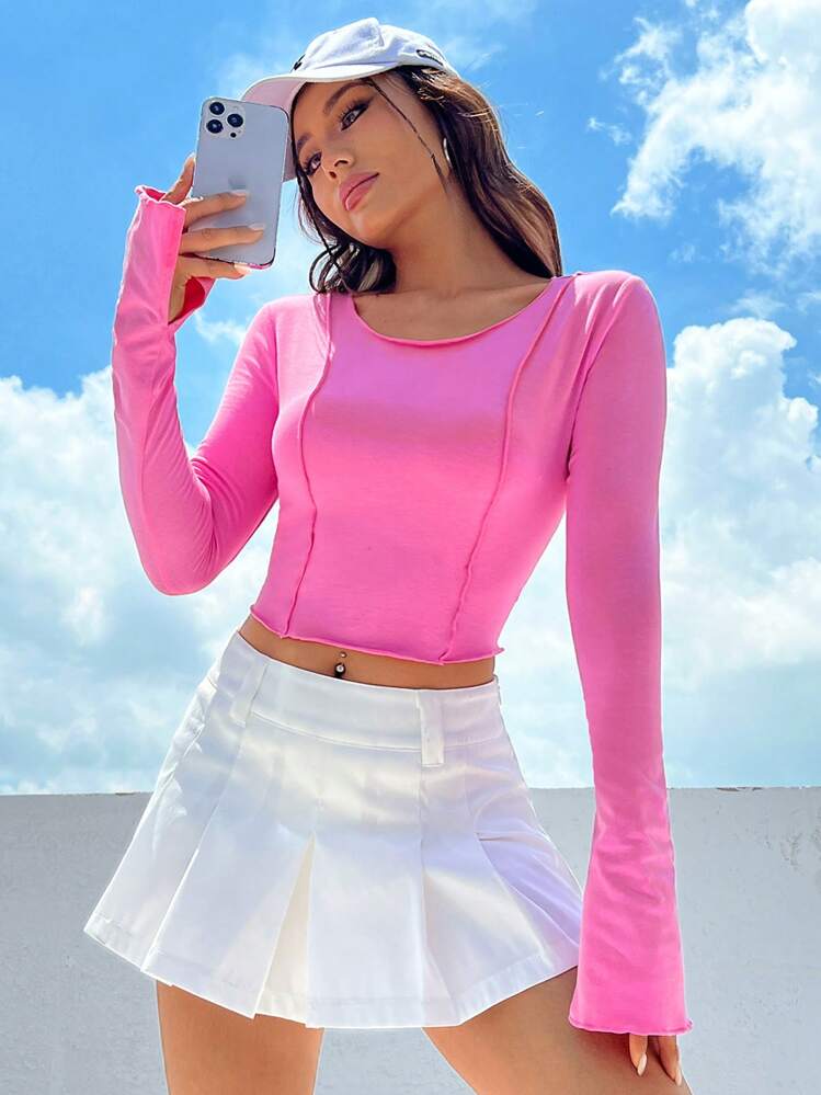 SHEIN Qutie T-Shirt Court À Nœud Ajouré - Rose bonbon - Voir 6