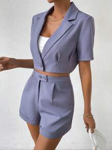 Chiquease 素色西裝領短版西裝和短褲 - 深灰色 - 查看 5