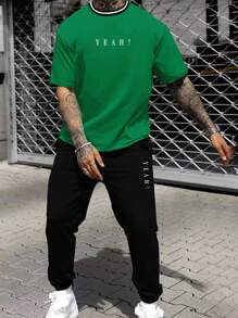 Manfinity Homme Nam Đồ họa Chữ cái Áo thun & Eo dây rút Quần thể thao - màu xanh lá - Xem 1