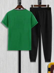 Manfinity Homme Nam Đồ họa Chữ cái Áo thun & Eo dây rút Quần thể thao - màu xanh lá - Xem 2