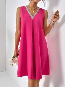 SHEIN Privé Contrast Binding V Neck Tunic Dress - Hot Pink - View 1