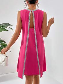 SHEIN Privé Contrast Binding V Neck Tunic Dress - Hot Pink - View 2