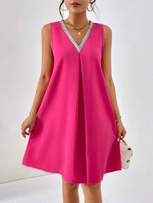 SHEIN Privé Contrast Binding V Neck Tunic Dress - Hot Pink - View 3