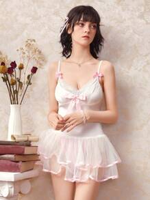 ROMWE Kawaii Bow Decor Lace Up Back Babydoll Dress - White - View 1